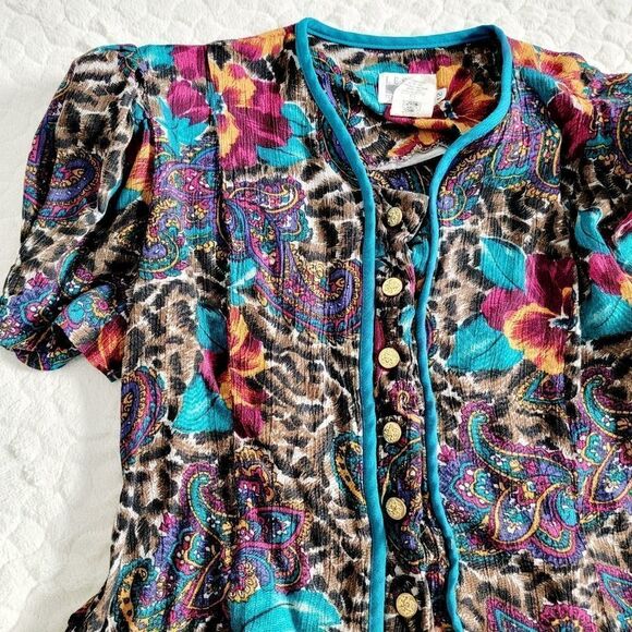 Vintage 1970s blouse button paisley floral leopard print 6 8 - Picture 1 of 11